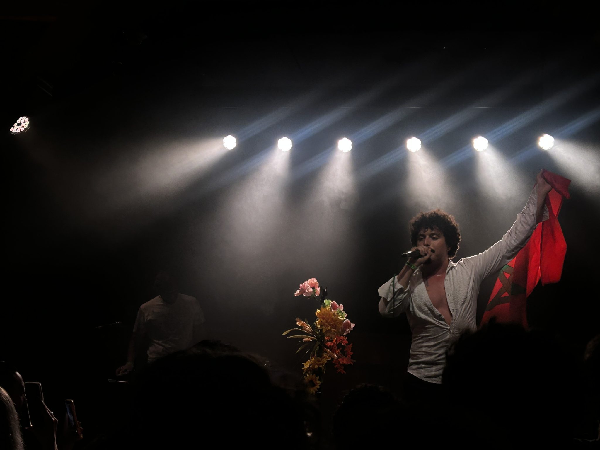 A singer on stage holds a red flag, performing under bright lights. A bouquet of flowers sits nearby. The audience is in the foreground, and another musician stands in the background.